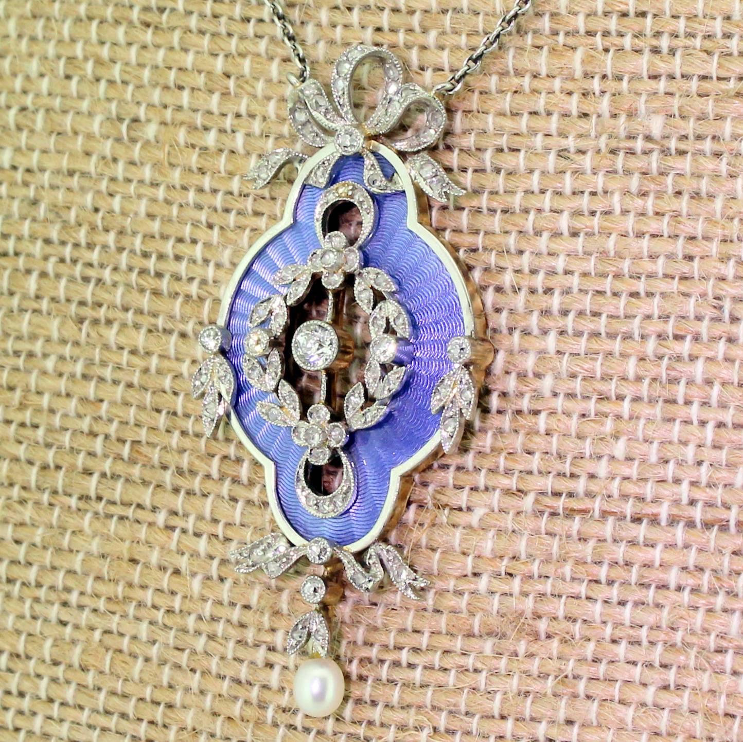 1910s Edwardian Guilloché Enamel Pearl Diamond Gold Platinum Pendant For Sale 4