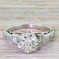 Art Deco 2.49 Carat Old Cut and Baguette Cut Diamond Platinum Engagement Ring