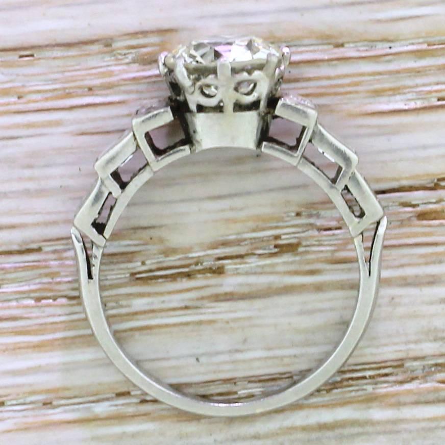 Women's Art Deco 2.49 Carat Old Cut and Baguette Cut Diamond Platinum Engagement Ring For Sale