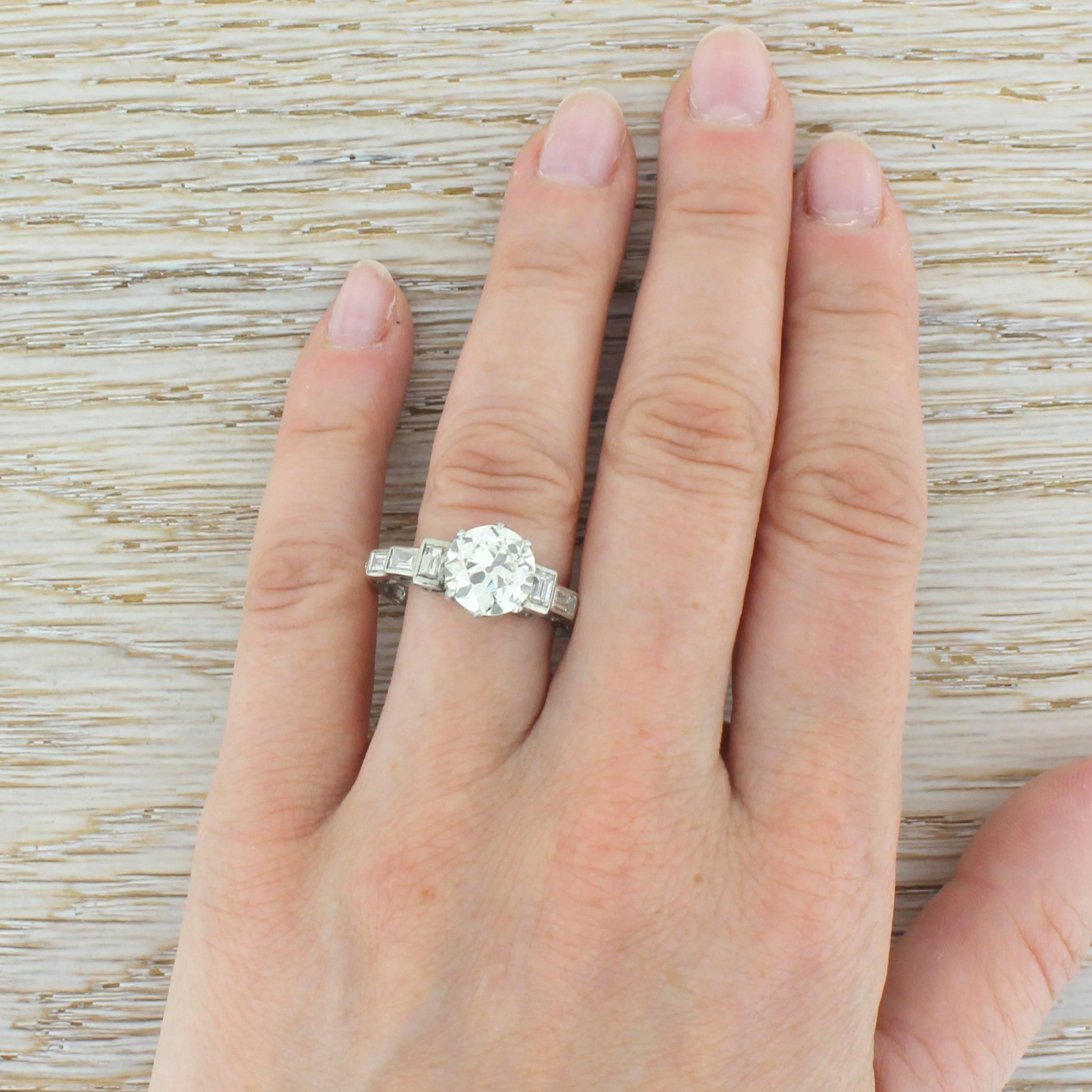 Art Deco 2.49 Carat Old Cut and Baguette Cut Diamond Platinum Engagement Ring For Sale 1