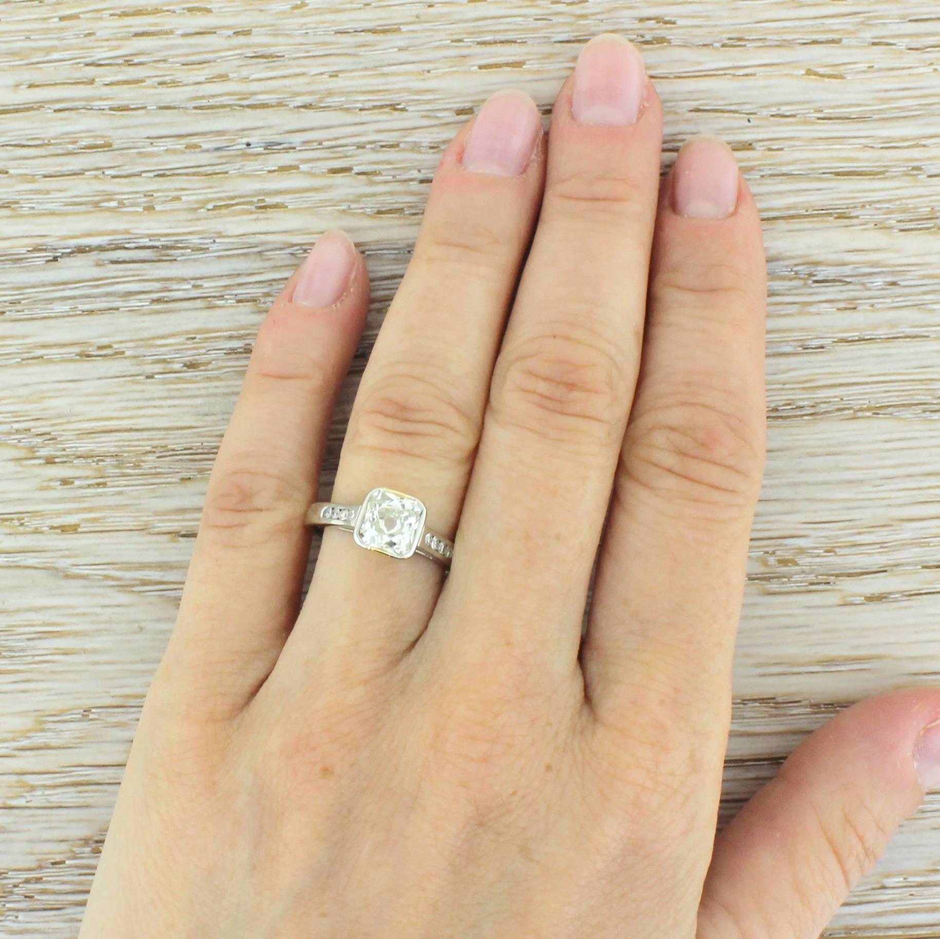 1.49 Carat Square Shaped Old Cut Diamond Platinum Engagement Ring  For Sale 1