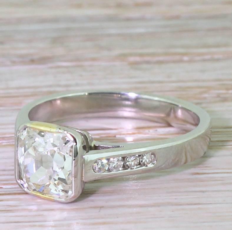 1.49 Carat Square Shaped Old Cut Diamond Platinum Engagement Ring  For Sale 2