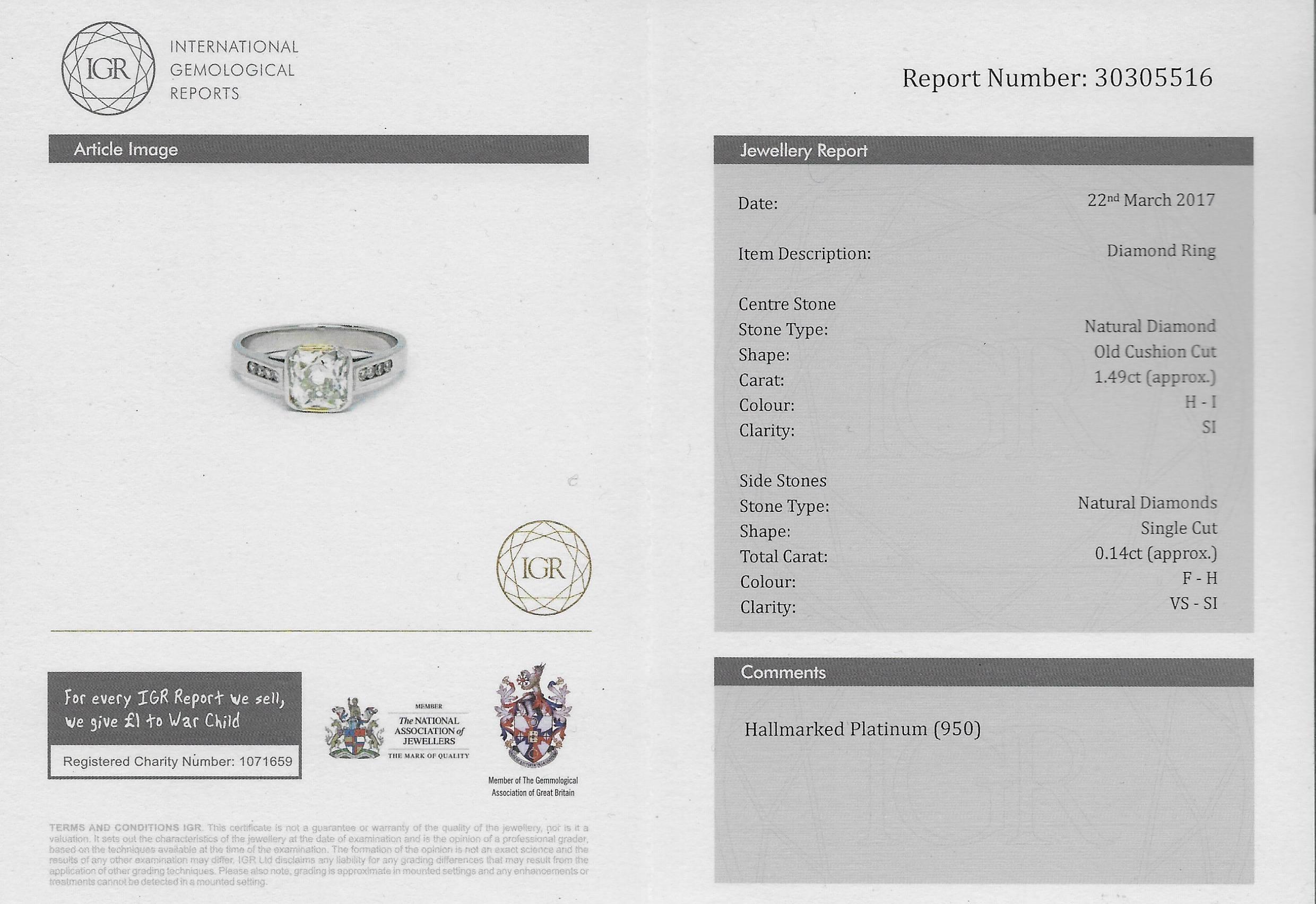 1.49 Carat Square Shaped Old Cut Diamond Platinum Engagement Ring  For Sale 3