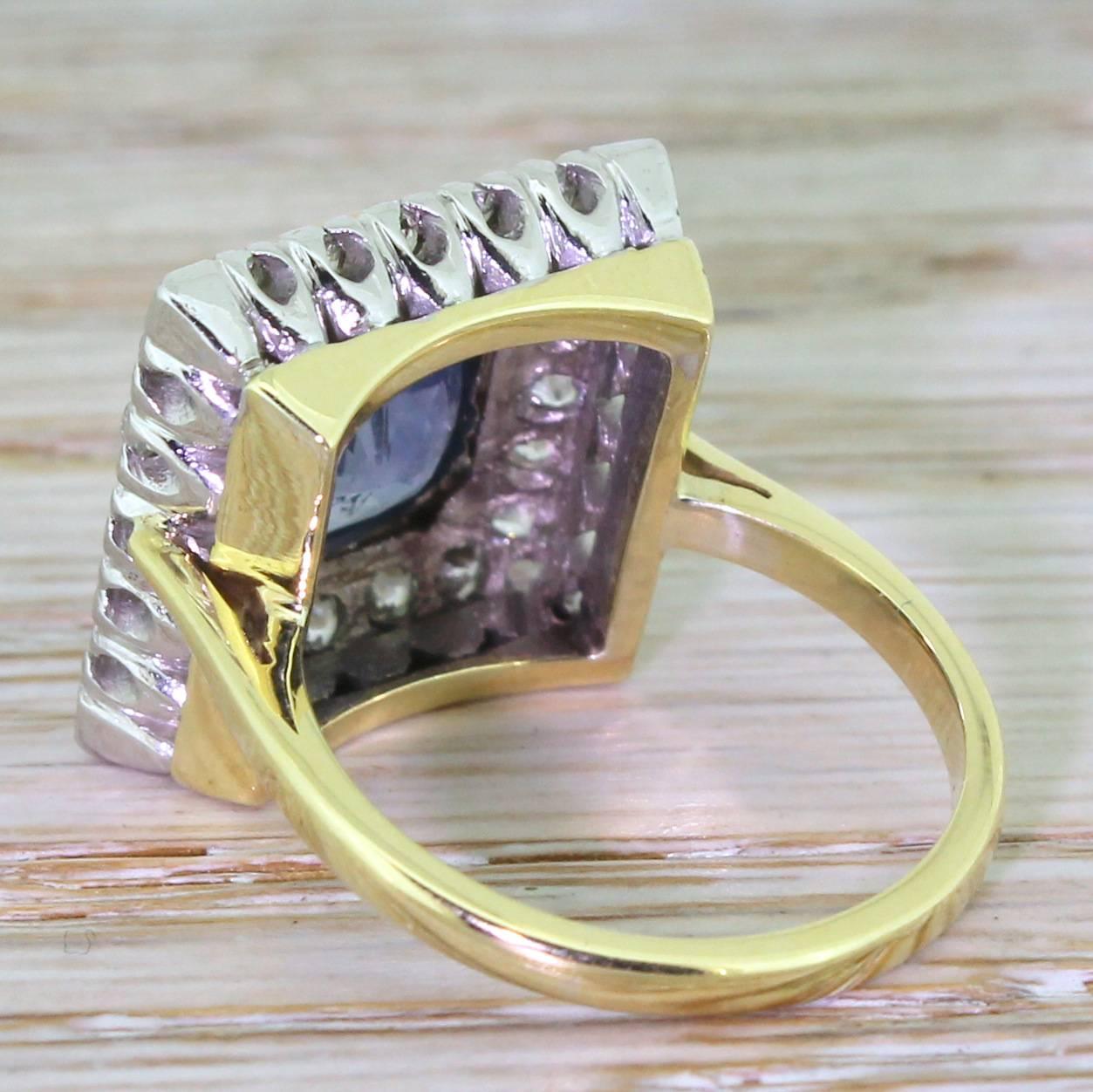 Women's 1920s Art Deco 4.95 Carat Natural Ceylon Sapphire Old Cut Diamond Gold Ring For Sale