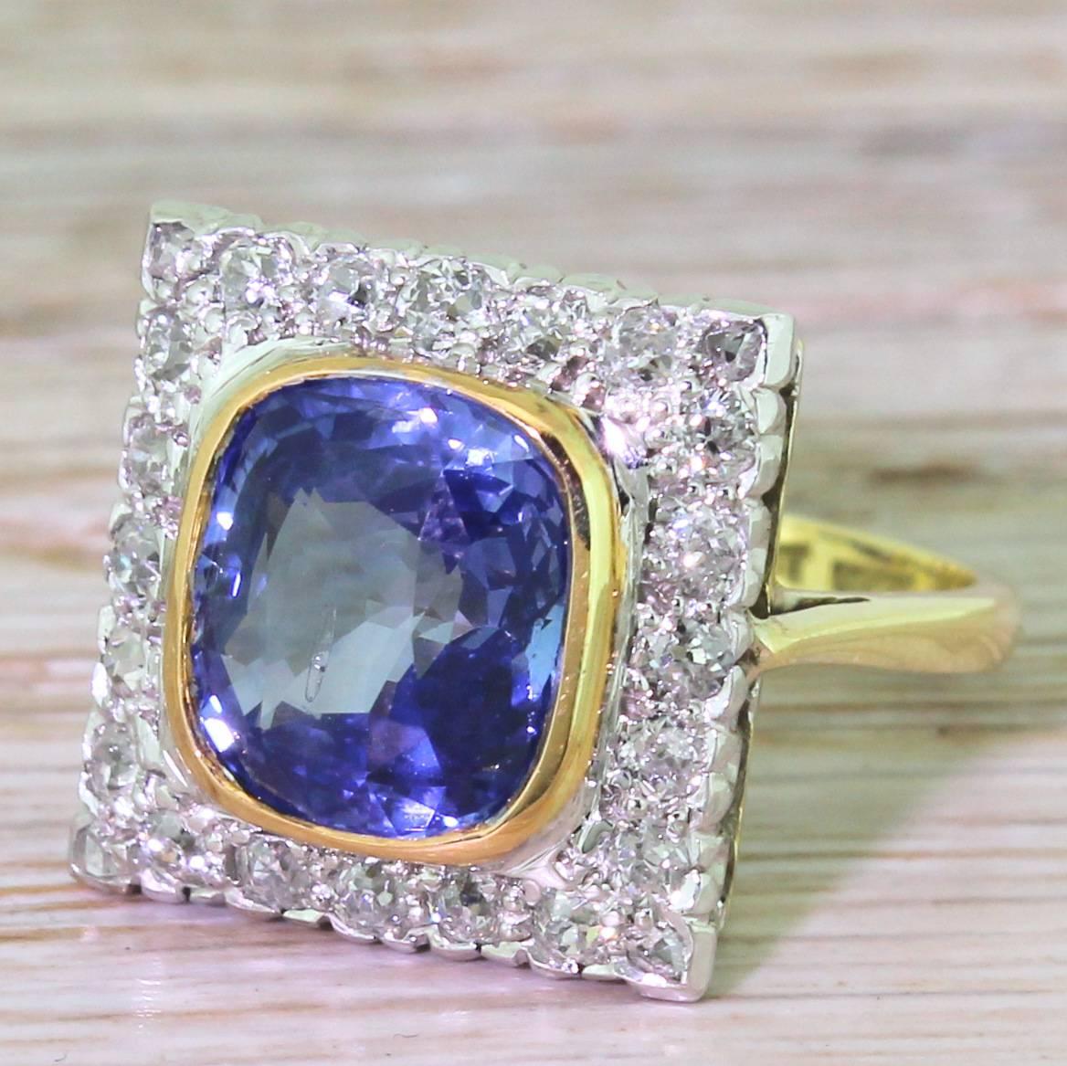 1920s Art Deco 4.95 Carat Natural Ceylon Sapphire Old Cut Diamond Gold Ring For Sale 4