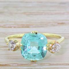 2.90 Carat Paraiba Tourmaline Old Cut Diamond Gold Trilogy Ring