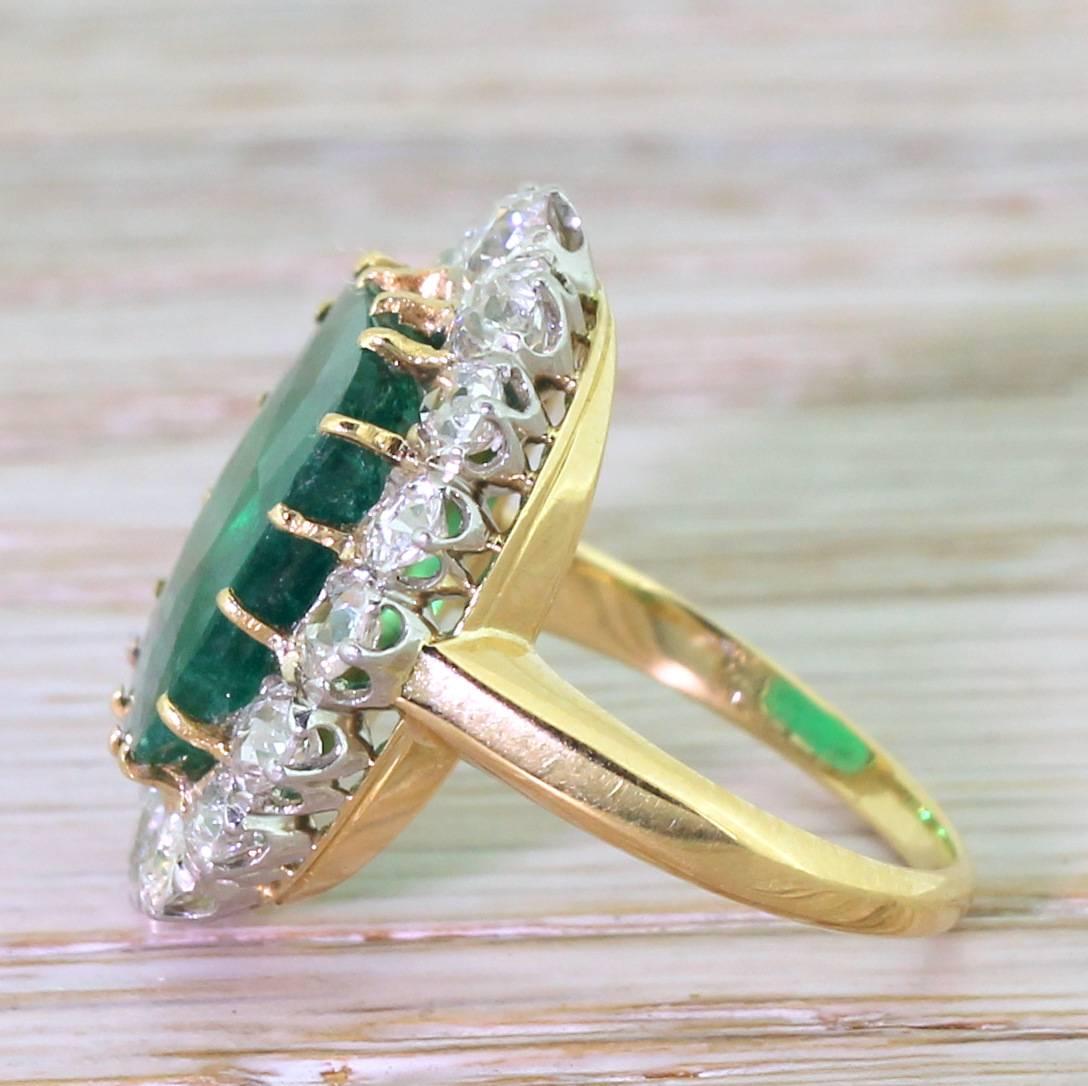 Art Deco 5.08 Carat Colombian Emerald Old Cut Diamond Platinum Cluster Ring In Good Condition For Sale In Theydon Bois, Essex