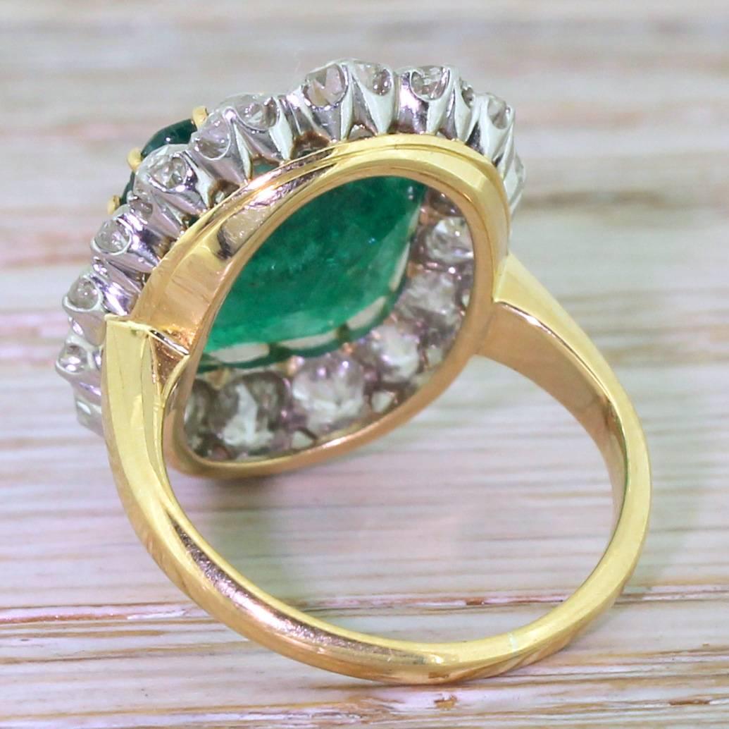 Women's Art Deco 5.08 Carat Colombian Emerald Old Cut Diamond Platinum Cluster Ring For Sale