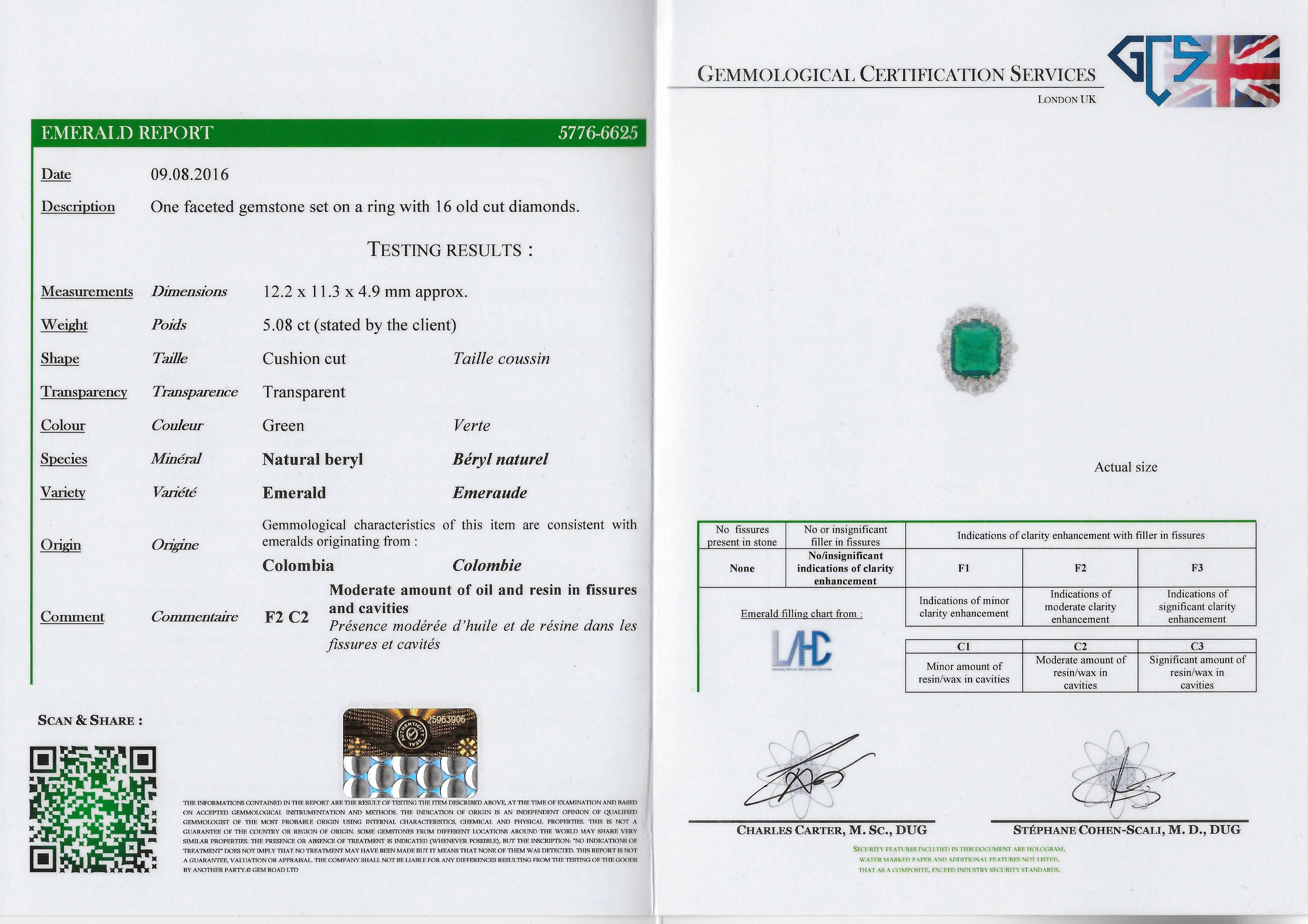 Art Deco 5.08 Carat Colombian Emerald Old Cut Diamond Platinum Cluster Ring For Sale 2