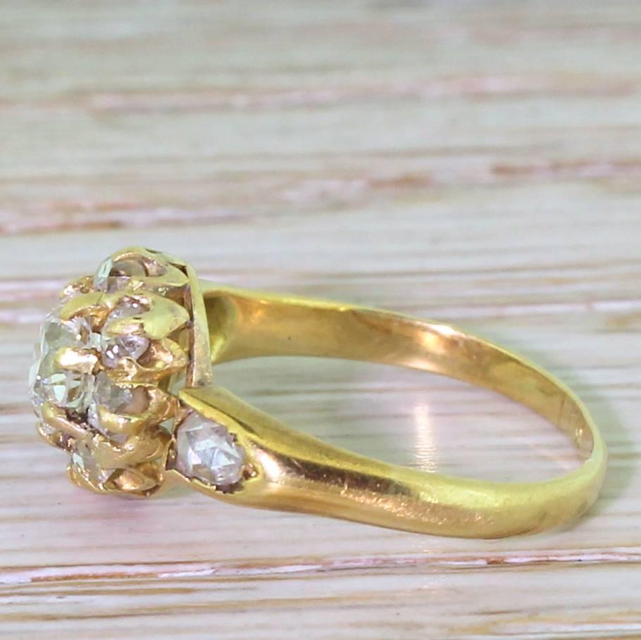 Victorian 1.00 Carat Old Cut Diamond Gold Target Cluster Ring In Good Condition In Theydon Bois, Essex