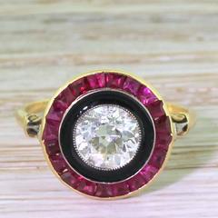 Art Deco 1.06 Carat Old Cut Diamond Black Enamel Ruby Gold Target Ring