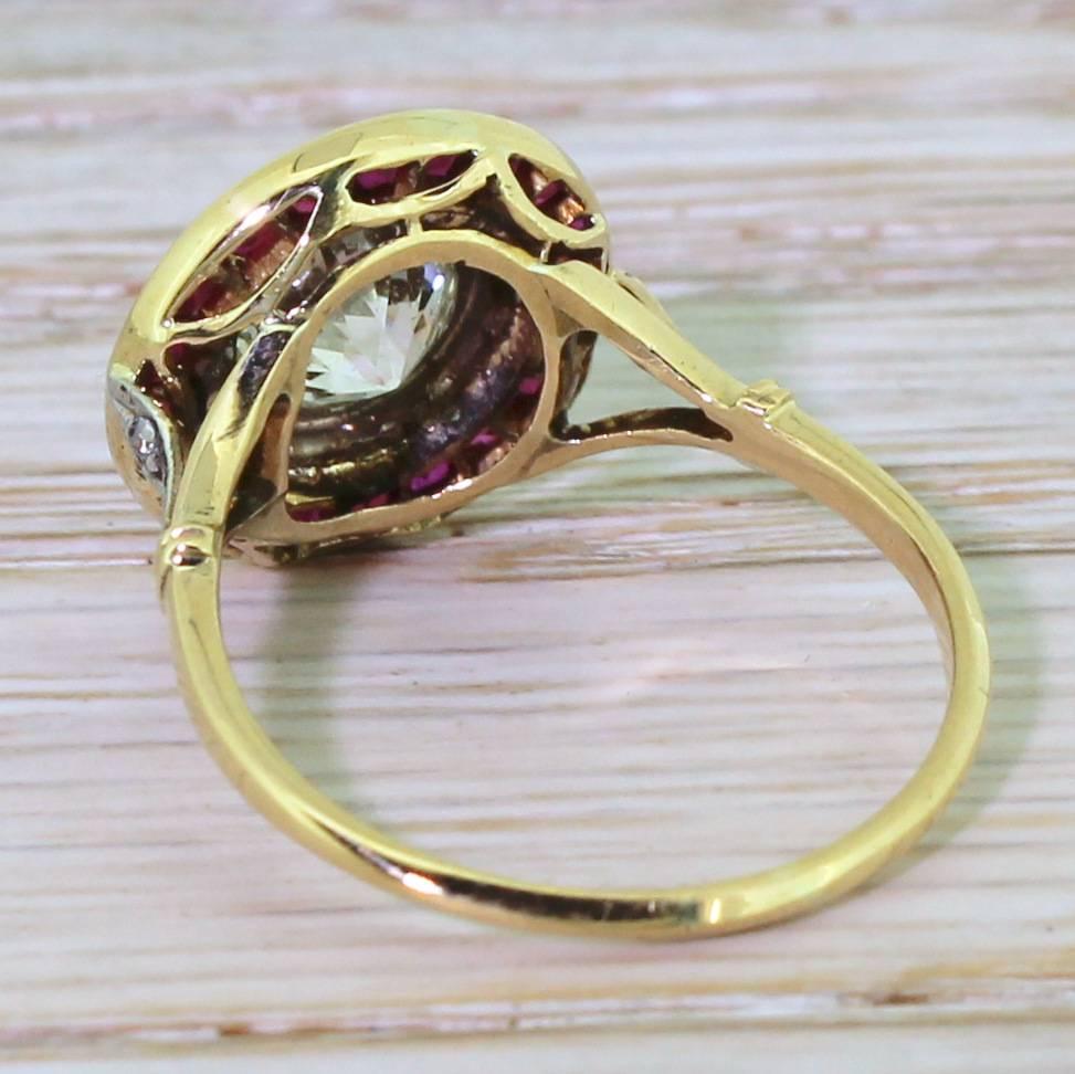 Women's Art Deco 1.06 Carat Old Cut Diamond Black Enamel Ruby Gold Target Ring