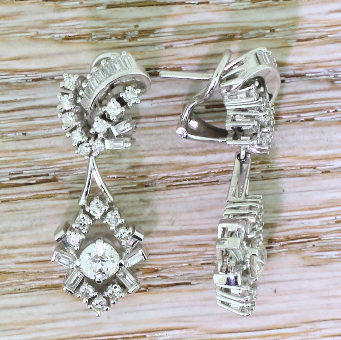 Women's 1950s Retro Old Cut and Baguette Cut Diamonds Gold Drop Earrings For Sale