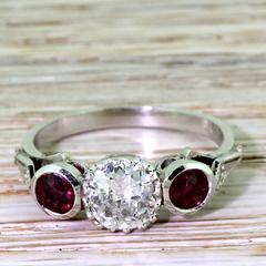 Art Deco 0.75 Carat Old Cut & Ruby Platinum Trilogy Ring