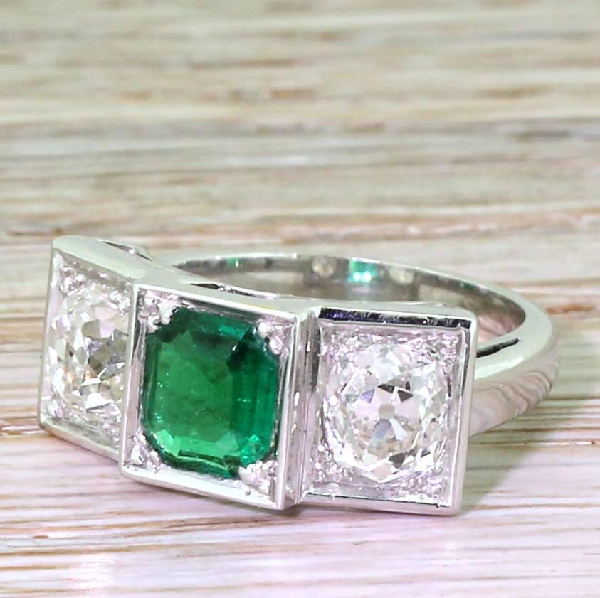 Retro 1.50 Carat Emerald and 2.50 Carat Old Cut Diamond Trilogy Ring 2