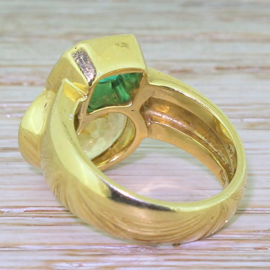 Women's 1970s Avant Garde 5.77 Carat Yellow Sapphire and 1.20 Carat Emerald Gold Ring For Sale