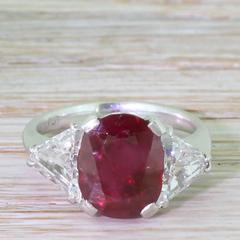 Mid Century 3.60 Carat Natural Ruby & Triangle Cut Diamond Ring, circa 1950