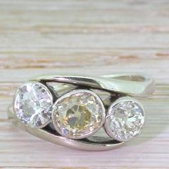 Art Deco 2.20 Carat Cognac & White Old Cut Diamond Trilogy Crossover Ring