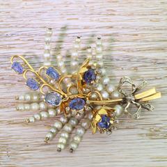 Art Deco Natural Pearl, Natural Sapphire & Rose Cut Diamond Foliate Brooch