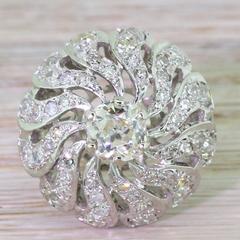 Edwardian 3.28 Carat Old Cut Diamond Platinum Bombé Cluster Ring