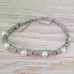 Mid Century Natural Saltwater Pearl & Diamond Bracelet, circa 1945
