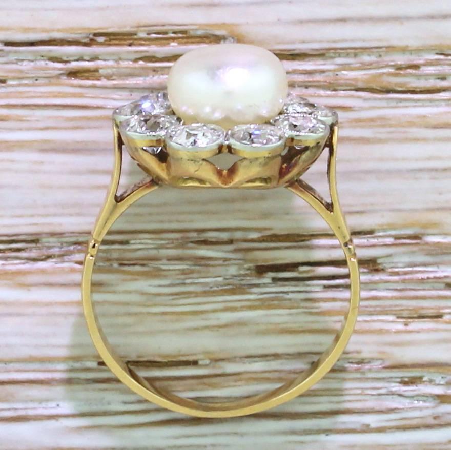 Art Deco Natural Button Pearl & Old Cut Diamond Cluster Ring For Sale 1