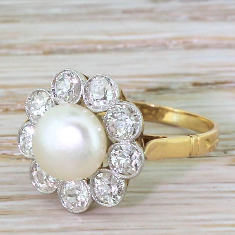 Art Deco Natural Button Pearl & Old Cut Diamond Cluster Ring For Sale 3