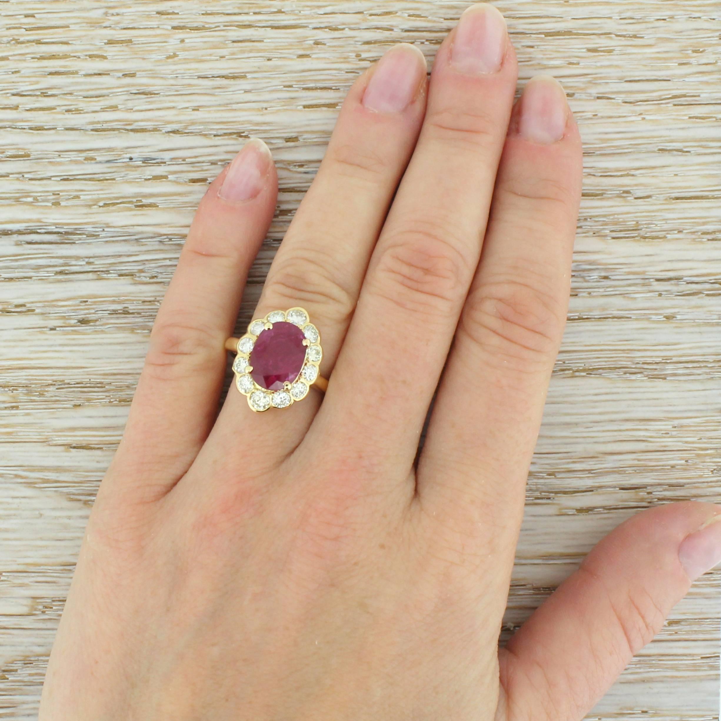 Mid Century 2.20 Carat Natural Ruby & 1.30 Carat Diamond Cluster Ring For Sale 1