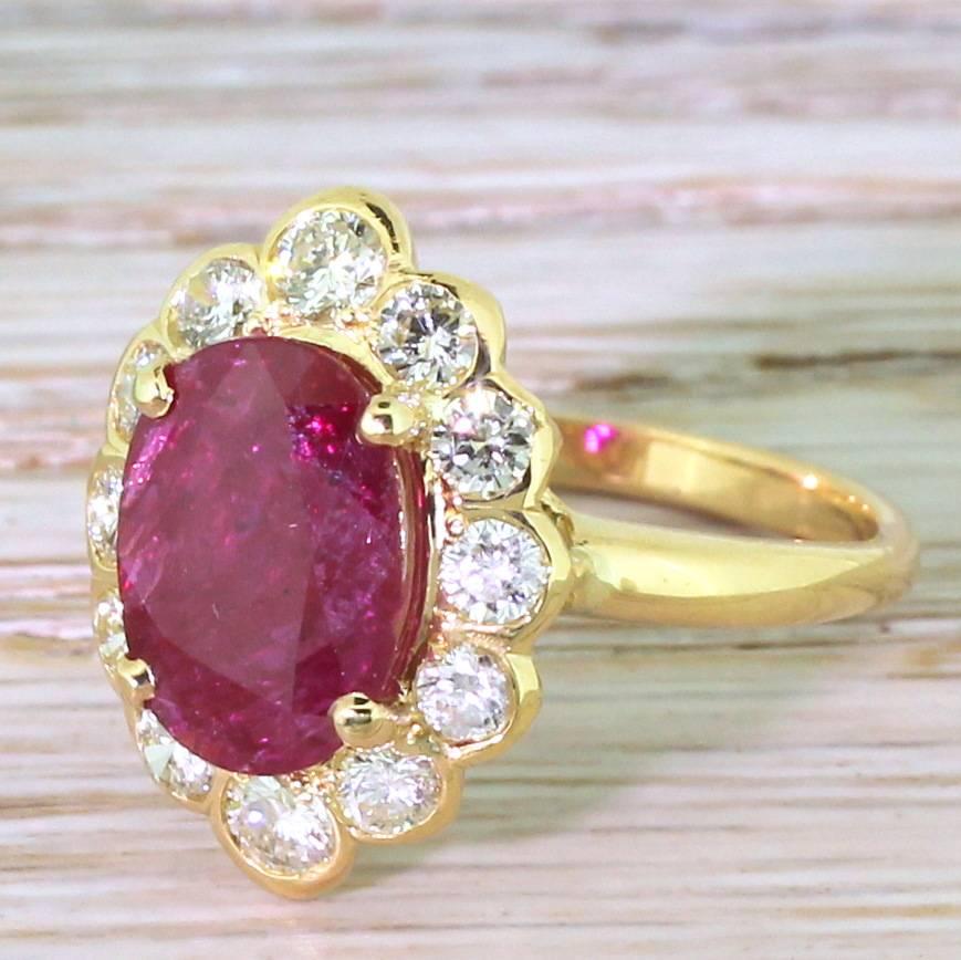 Mid Century 2.20 Carat Natural Ruby & 1.30 Carat Diamond Cluster Ring For Sale 2