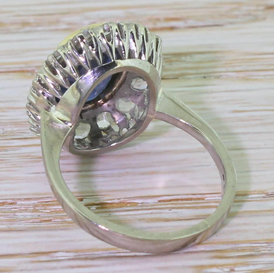 Women's Mid Century Natural Sapphire & Rose Cut Diamond Cluster Ring For Sale