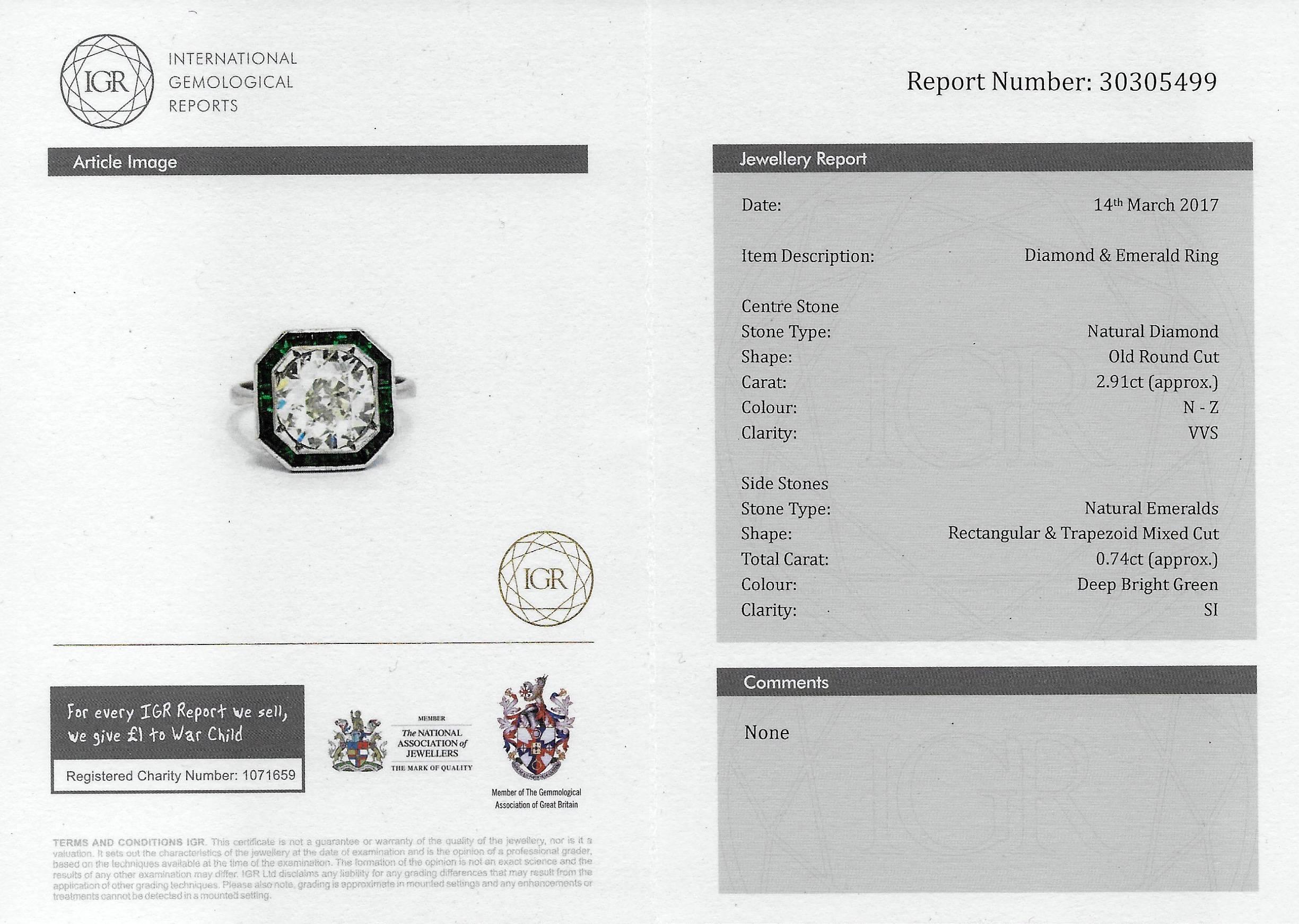Art Deco 2.91 Carat Old Cut Diamond & Calibré Cut Emerald Engagement Ring For Sale 3