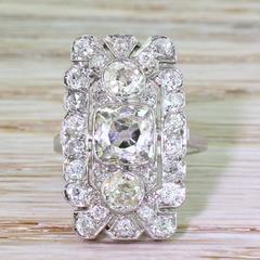 Art Deco 3.05 Carat Old Cut Diamond Platinum Plaque Ring