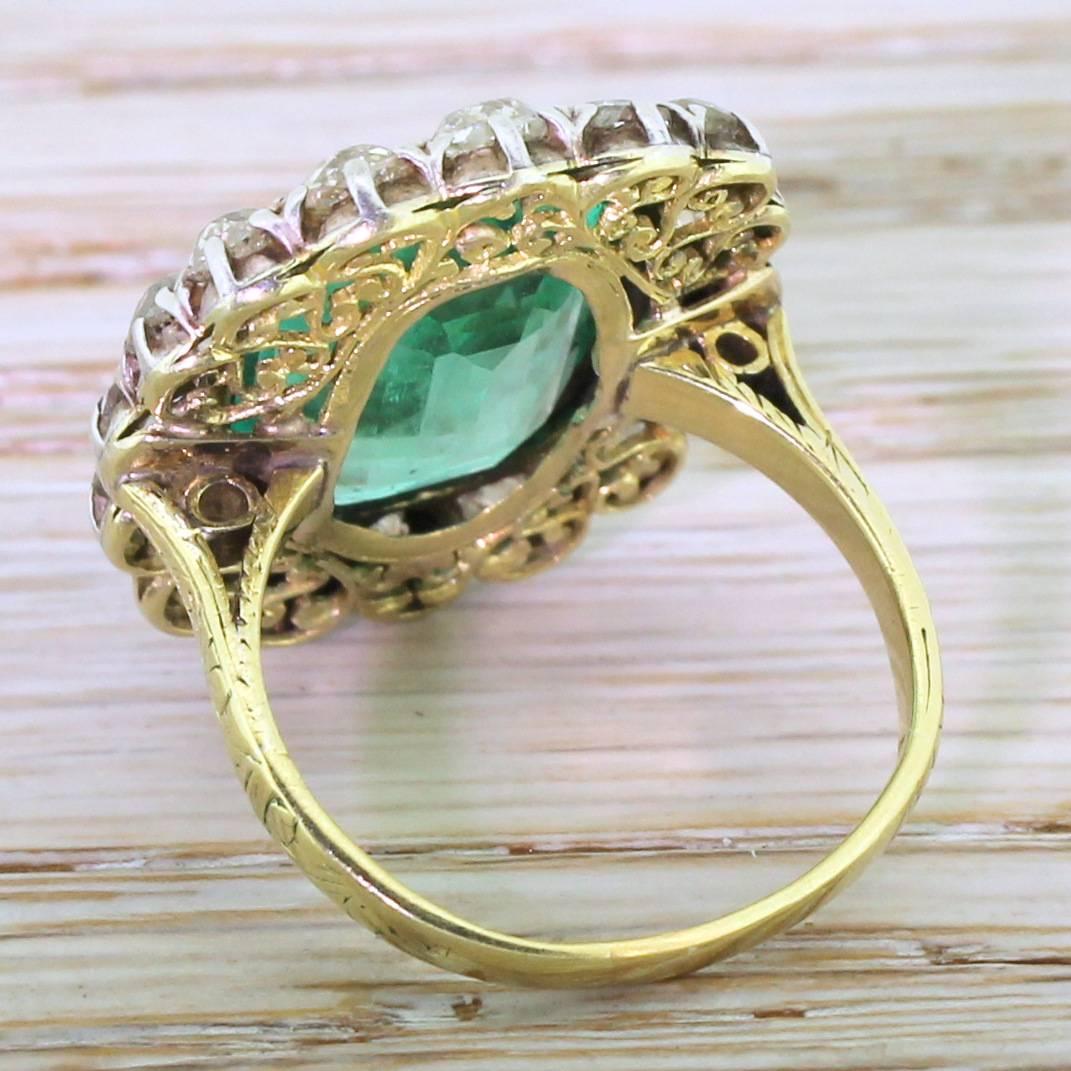 Women's or Men's Edwardian 6.00 Carat Minor Oil Colombian Emerald  Old Cut Diamond Ring