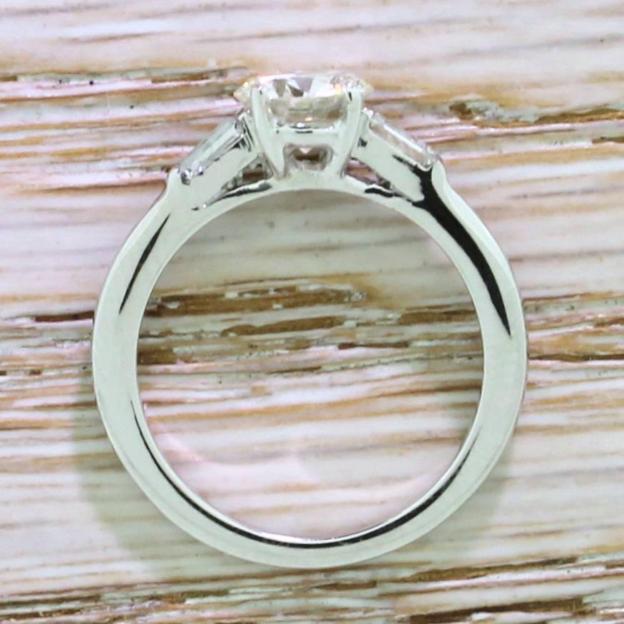 Baguette Cut Mid Century 0.95 Carat Transitional Cut Diamond Engagement Ring For Sale