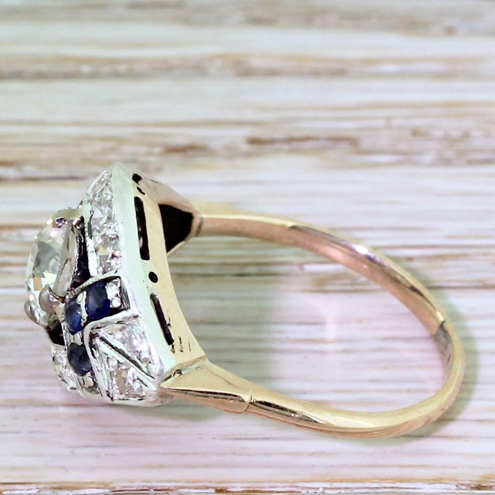 Art Deco 1.65 Carat Old Cut Diamond & Sapphire Cluster Ring In Good Condition For Sale In Theydon Bois, Essex