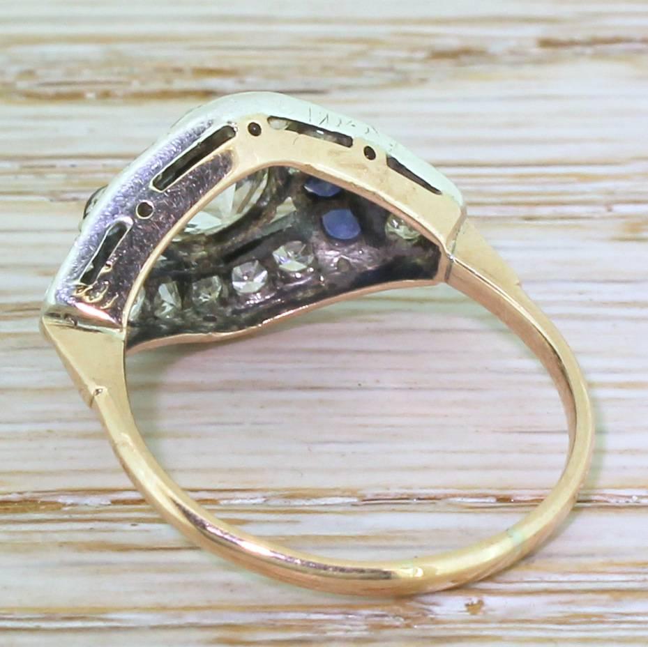 Women's Art Deco 1.65 Carat Old Cut Diamond & Sapphire Cluster Ring For Sale