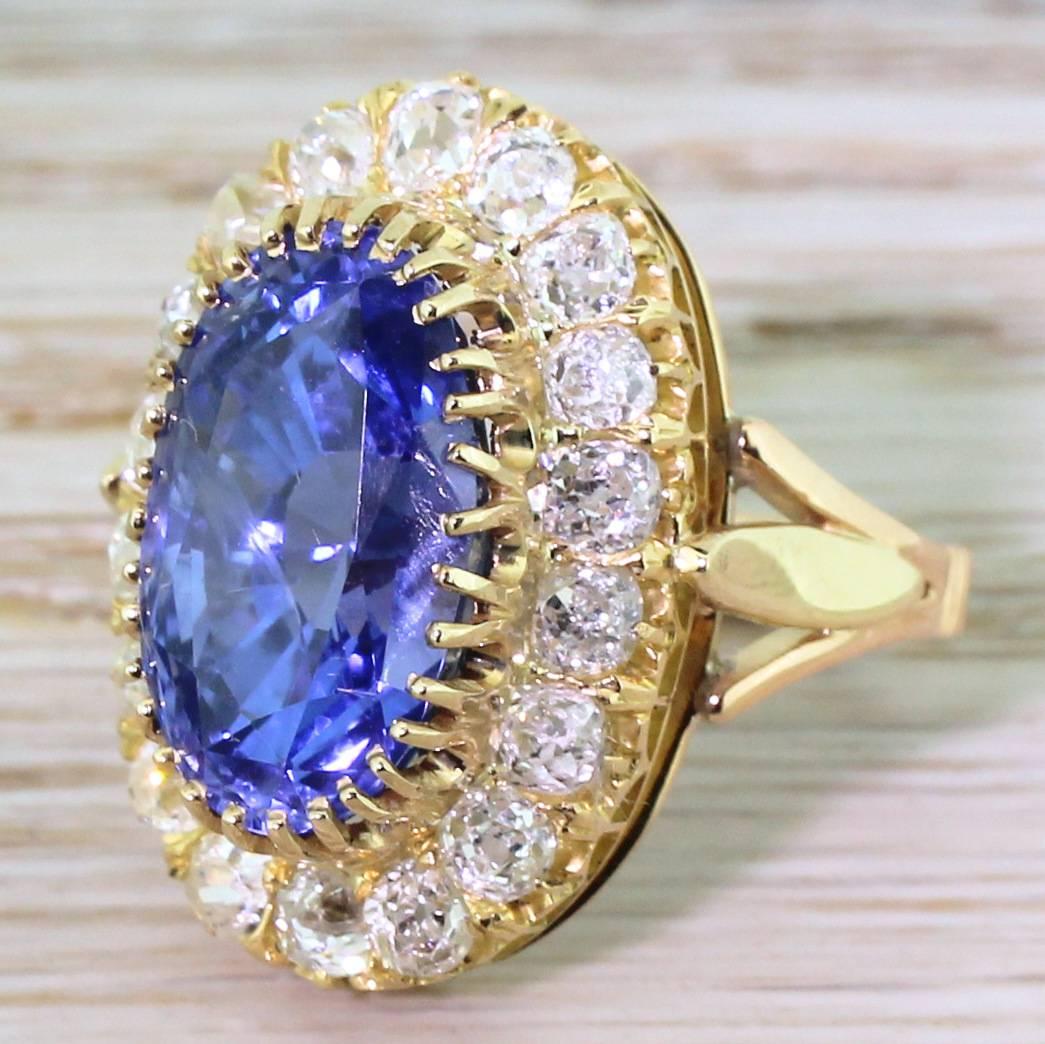 Women's Edwardian 10.44 Carat Natural Ceylon Sapphire & Old Cut Diamond Cluster Ring For Sale