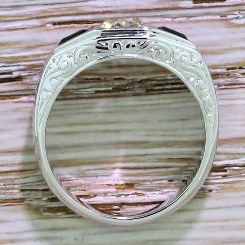 Women's Art Deco 0.90 Carat Old Cut Diamond & Tapered Baguette Cut Sapphire Trilogy Ring For Sale