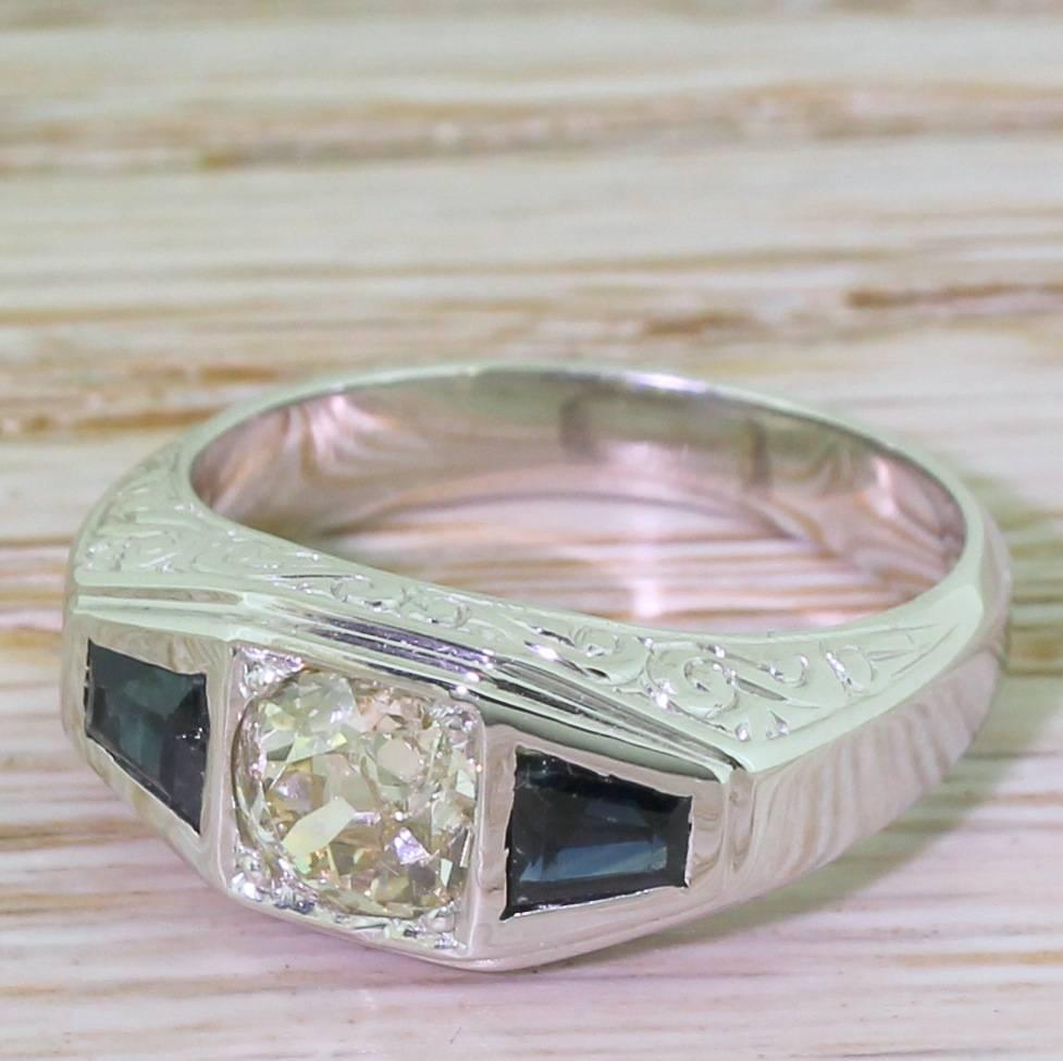 Art Deco 0.90 Carat Old Cut Diamond & Tapered Baguette Cut Sapphire Trilogy Ring For Sale 3