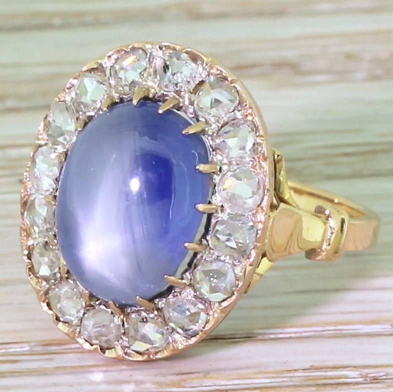 Art Deco 10.45 Carat Star Sapphire & Rose Cut Diamond Ring, French, circa 1915 For Sale 2