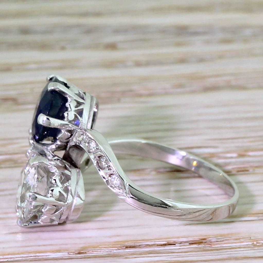 Old European Cut Art Deco  Natural Sapphire  Old Cut Diamond Crossover Ring
