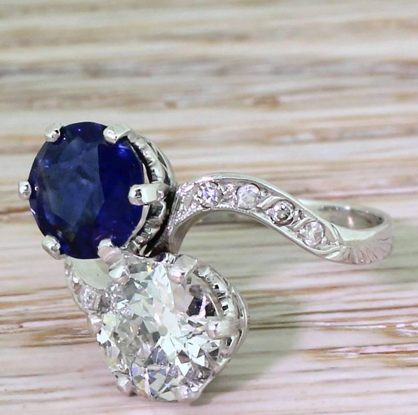 Art Deco  Natural Sapphire  Old Cut Diamond Crossover Ring 2