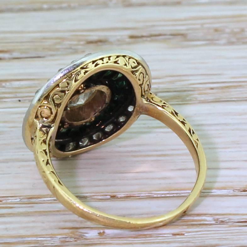 Women's Art Deco 0.70 Carat Old Cut Diamond & Emerald Target Cluster Ring