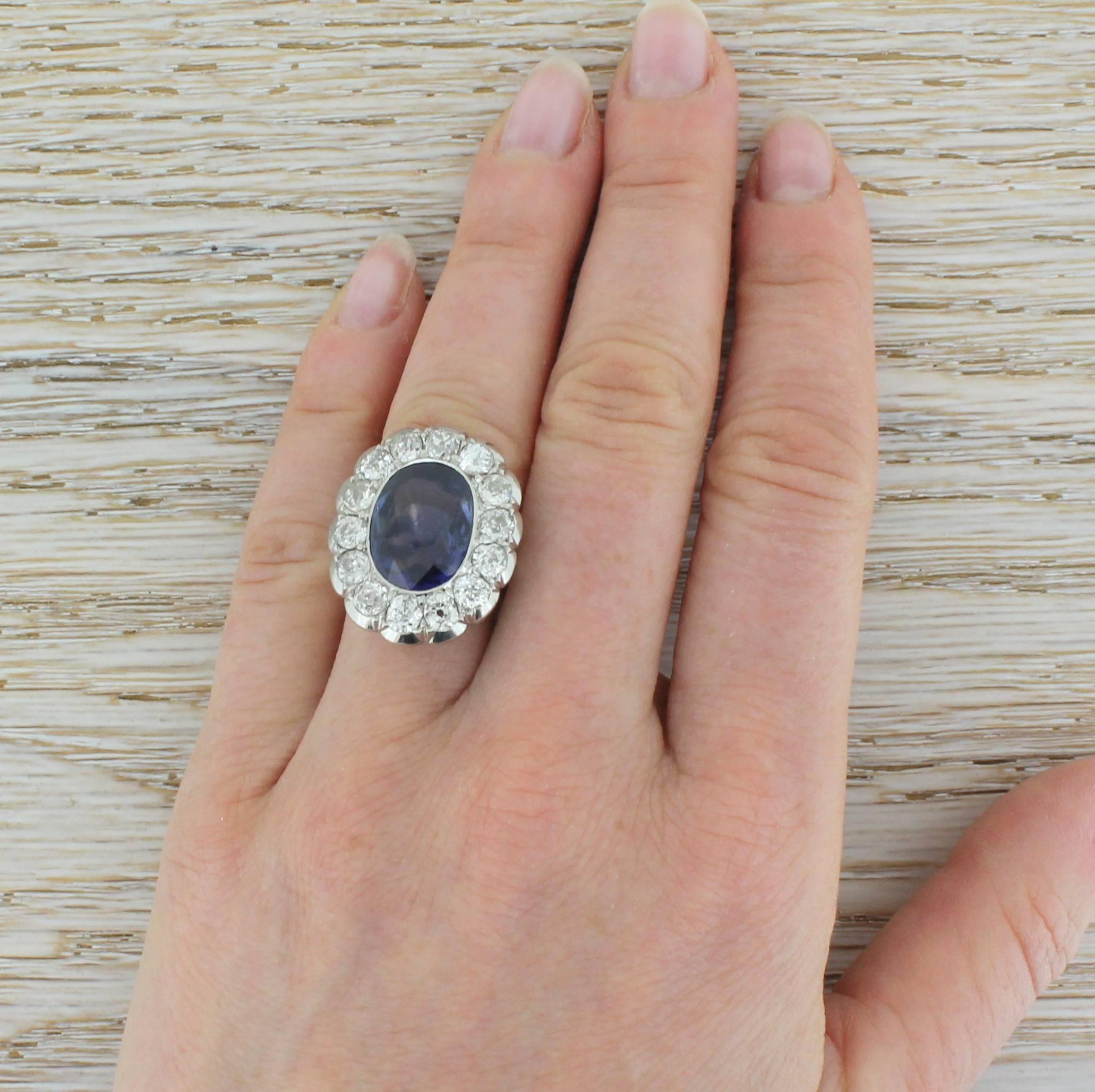 Women's Mid-Century 6.50 Carat Natural Ceylon Sapphire and Old Cut Diamond Ring For Sale