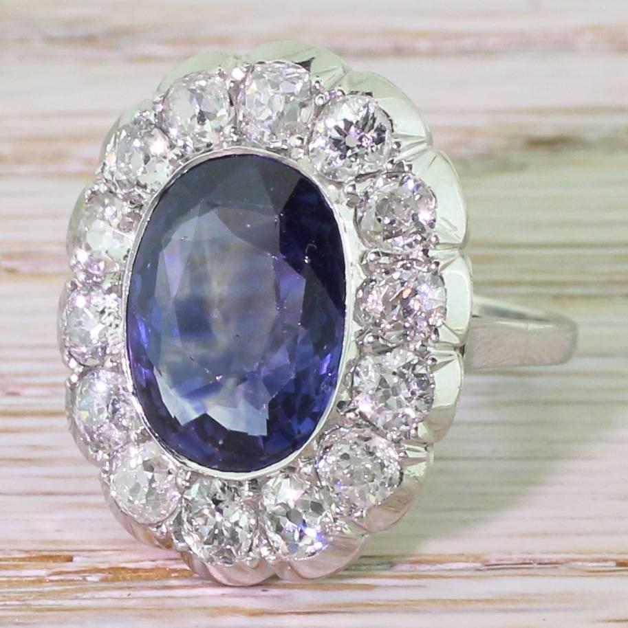 Mid-Century 6.50 Carat Natural Ceylon Sapphire and Old Cut Diamond Ring For Sale 1