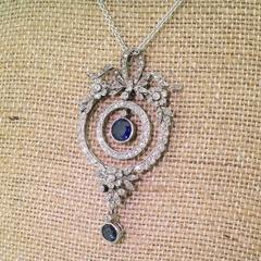 Edwardian Sapphire Diamond Platinum Pendant
