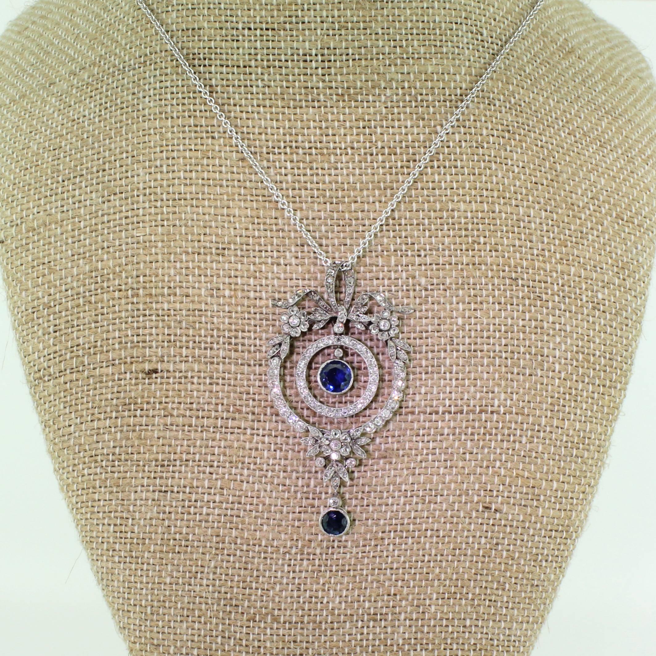 Edwardian Sapphire Diamond Platinum Pendant In Good Condition For Sale In Theydon Bois, Essex