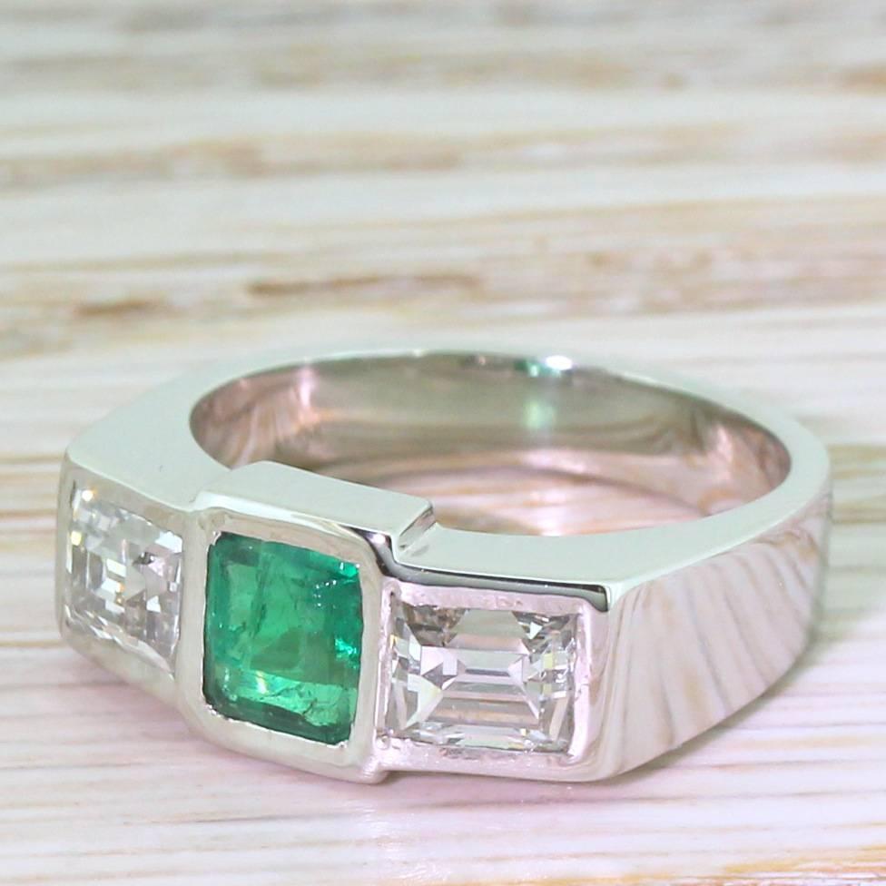 Retro Colombian Emerald Baguette Cut Diamond Platinum Trilogy Ring 1