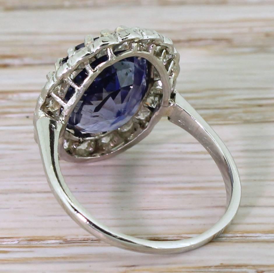 Art Deco 6.93 Carat Natural Ceylon Sapphire and Diamond Platinum Ring In Good Condition For Sale In Theydon Bois, Essex