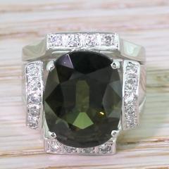 Mid-Century 7.61 Carat Cushion Cut Natural Green Sapphire Ring